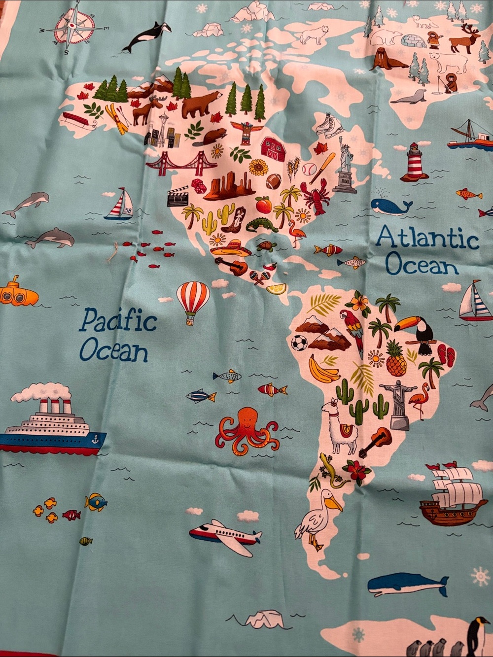 Children's World Map  on material Light Aqua with Colorful Icons